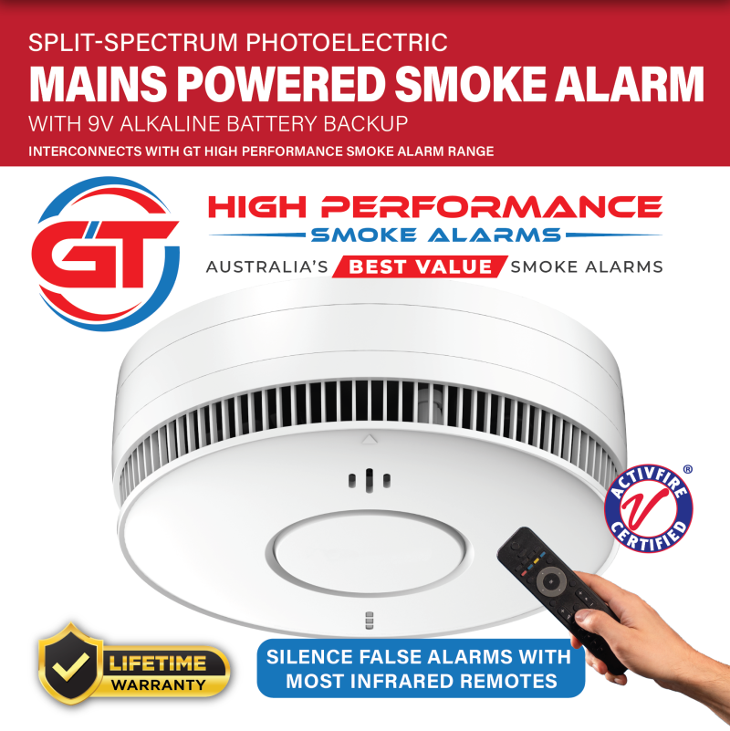 GT High Performance 240v Photoelectric mains powered smoke alarm with 9v battery backup