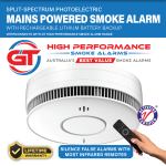 GT High Performance 240v mains powered smoke alarm with rechargeable lithium battery backup